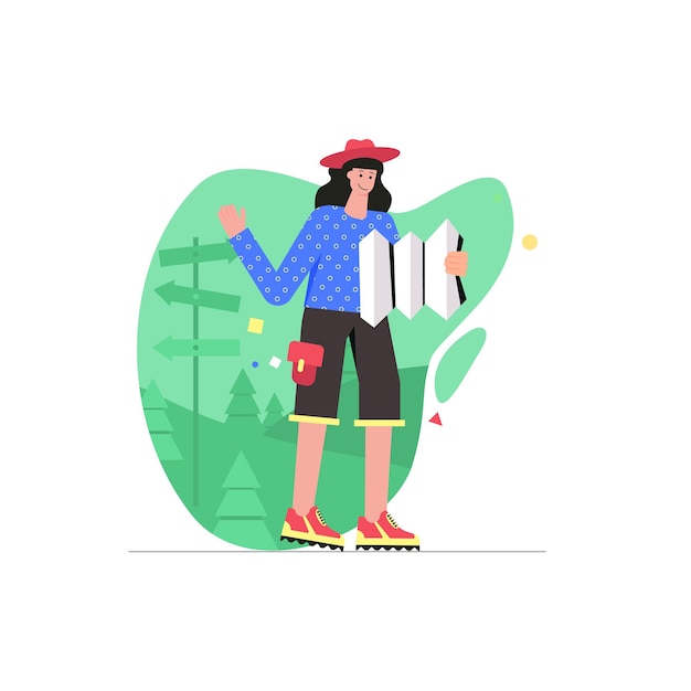 Actividades de camping y senderismo moderno concepto plano. Mujer turista mira el mapa y elige la ruta de viaje en el bosque. Mochilero y viajes. Ilustración de vector con escena de personas para diseño de banner web