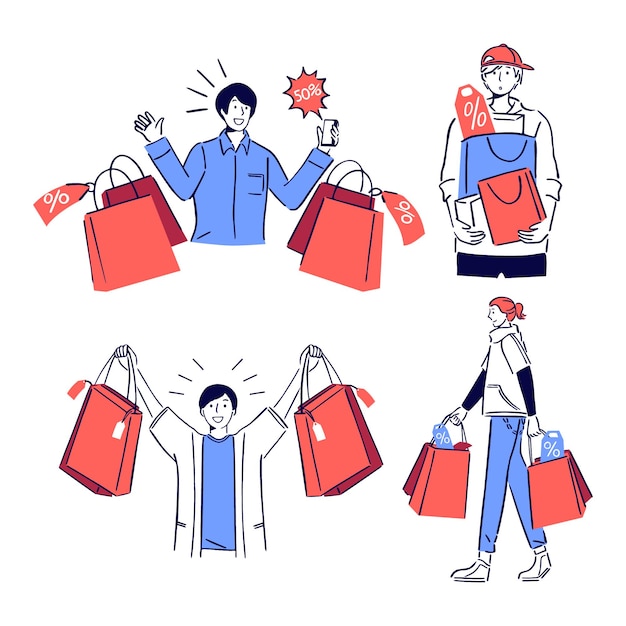 Actividades de compras felices para jóvenes Ilustración de promoción de súper ventas para el Black Friday Cyber Monday