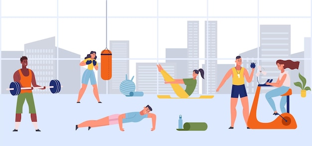 Actividades deportivas de fitness en el gimnasio la gente se hace fuerte