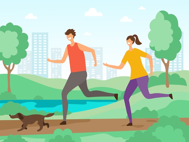 Actividades deportivas de fondo. Fitness personas corriendo o corriendo personajes planos al aire libre