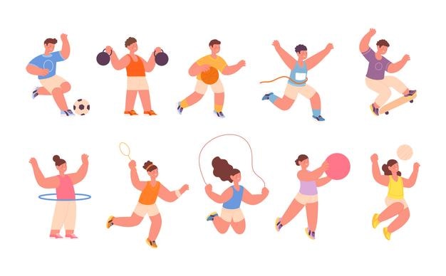 Actividades deportivas para niños Niños deportivos jugando aro entrenamiento Niño diferentes actividades jugar fútbol Pequeño campeón dibujos animados saltando personajes vectoriales completos