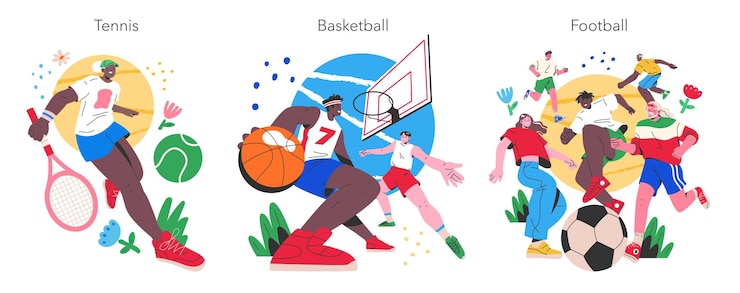 Vector las actividades deportivas de verano establecen ilustraciones dinámicas de jugadores de tenis, baloncesto y fútbol en