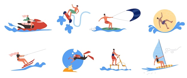 Actividades divertidas en el agua La gente monta tablas de surf y motos acuáticas Atracciones de playa Hombres y mujeres en trajes de baño Windsurf extremo o flyboard Buceo con snorkel Set de deportes marinos vectoriales