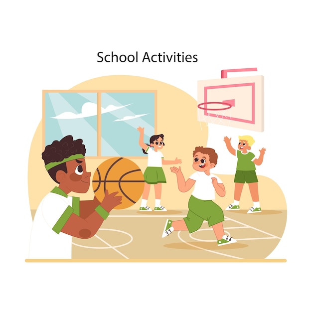 Vector actividades escolares concepto niños que participan en juegos deportivos después de las clases energía vibrante de