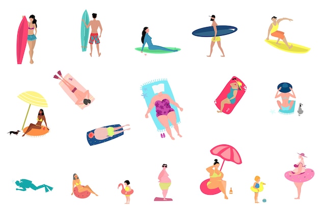 Actividades de la gente en la playa de verano conjunto aislado sobre fondo blanco.