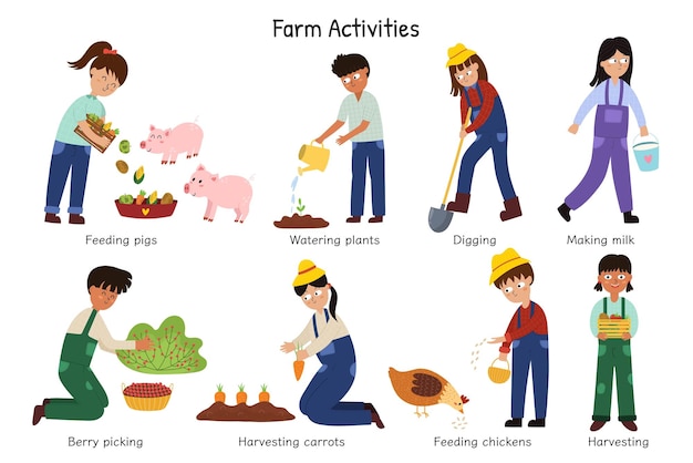 Actividades de granja con lindos niños granjeros. lindos personajes haciendo trabajos de jardinería y agricultura.