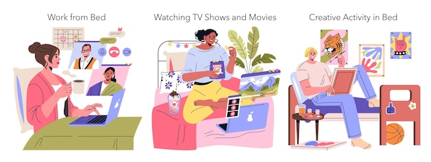 Las actividades a la hora de acostarse en la vida moderna, el trabajo a distancia, la relajación con las películas y la creatividad son
