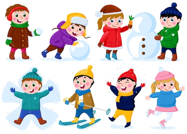 Actividades infantiles de invierno. Actividad al aire libre de nieve, niñas y niños felices haciendo muñeco de nieve y esquí conjunto de ilustraciones vectoriales. Juegos navideños al aire libre