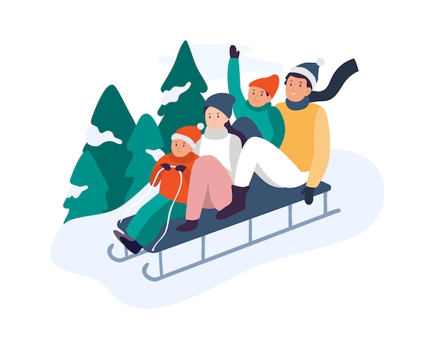 Actividades invernales. Familia feliz montando trineo colina abajo cerca de abetos nevados. Padres con niños montando tobogán en trineo. Pasar tiempo juntos de forma activa y divertida en la ilustración de vector de naturaleza