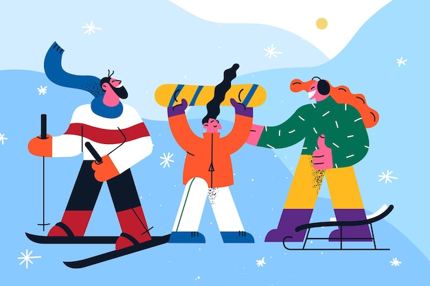 Actividades de invierno e ilustración deportiva.