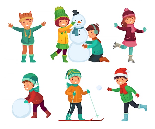 Actividades de invierno para niños felices. Niños jugando con nieve. Personajes de caricatura