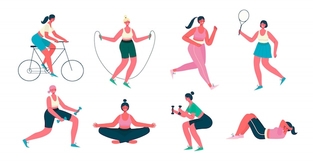 Actividades de mujer. conjunto de mujeres haciendo deporte, yoga, andar en bicicleta, trotar, saltar, fitness. estilo de vida saludable, entrenamiento activo. ilustración de dibujos animados plana aislada sobre fondo blanco.