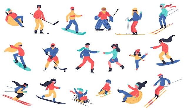 Actividades de nieve en invierno. Esquí, snowboard, hockey y patines de hielo, conjunto de iconos de ilustración de actividades de invierno de vacaciones familiares. Hockey sobre hielo y tabla, deporte extremo en la nieve.