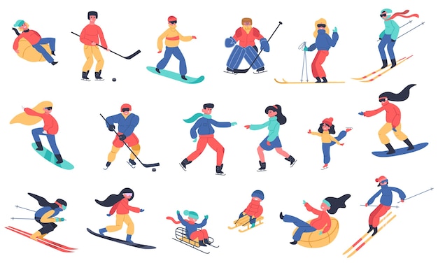 Actividades de nieve en invierno. esquí, snowboard, hockey y patines de hielo, conjunto de iconos de ilustración de actividades de invierno de vacaciones familiares. hockey sobre hielo y tabla, deporte extremo en la nieve.