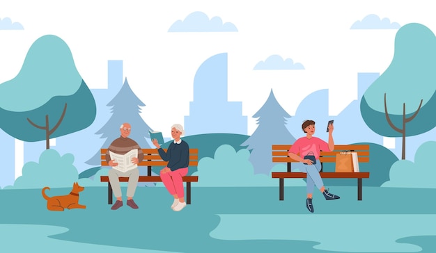 Actividades de ocio en bancos de parque Caricaturas de personas mayores sentadas en un parque público leyendo periódicos o libros