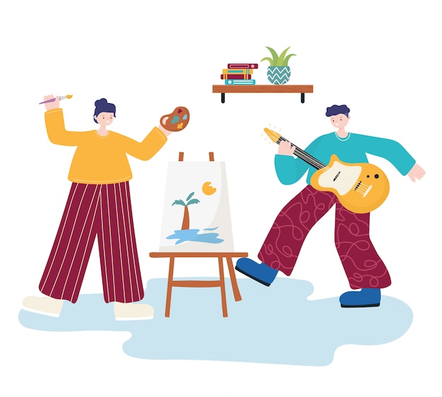 Actividades de personas, mujer dibujando y hombre tocando la guitarra