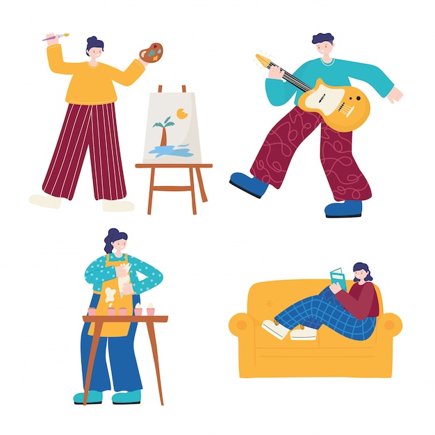 Actividades con personas, niñas dibujando, leyendo cocinando y un niño tocando la guitarra