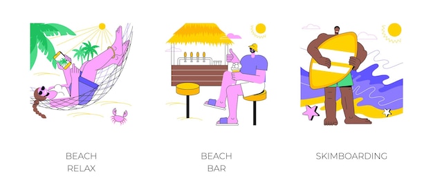 Actividades en la playa ilustraciones vectoriales de dibujos animados aislados