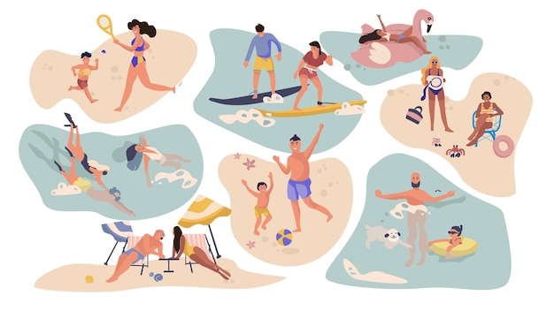 Actividades de playa para personas. Personajes de dibujos animados en vacaciones de verano, surf, natación, sol, escenas al aire libre.