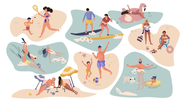 Vector actividades de playa para personas. personajes de dibujos animados en vacaciones de verano, surf, natación, sol, escenas al aire libre.