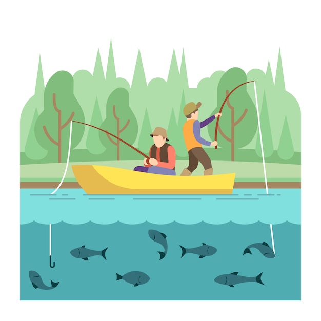 Actividades de verano al aire libre. concepto de vector de deporte de pesca. vacaciones de verano pesca, ilustración superarse