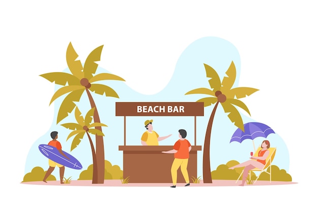 Vector actividades de verano composición de color plano con palmeras de paisaje al aire libre y cabina de bar de playa con ilustración de vector de personas