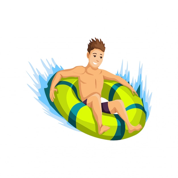 Actividades de verano en la playa. Guy baja por el tobogán en un círculo inflable. Vacaciones en la playa. Estilo de dibujos animados