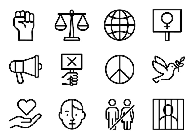 Activism symbols representing social justice equality and peace movements globally in a minimalist design