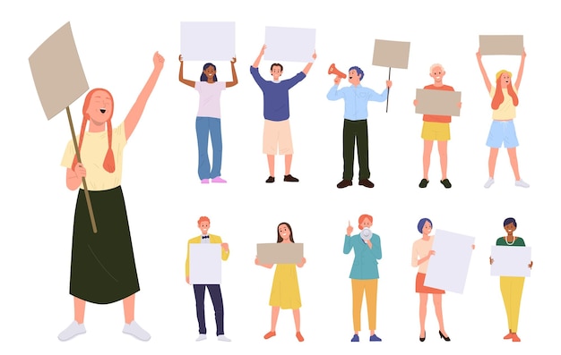 Activistas populares con pancartas vacías en una marcha de protesta política o de protección de los derechos