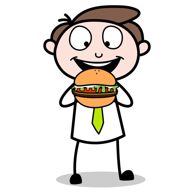 Activo del personaje de dibujos animados joven empresario comiendo hamburguesa