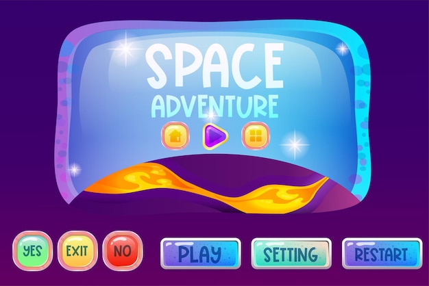Vector activos espaciales para la interfaz del juego ui con botones de pantalla y planeta con botones de lava y pantalla para la aplicación ilustración vectorial de dibujos animados