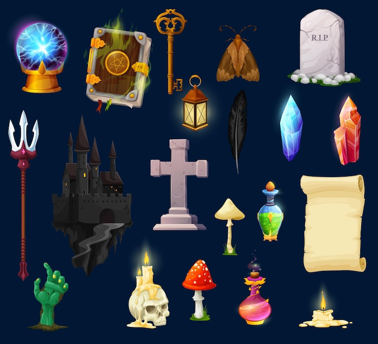 Vector activos del juego de halloween, personajes e íconos de la interfaz de usuario