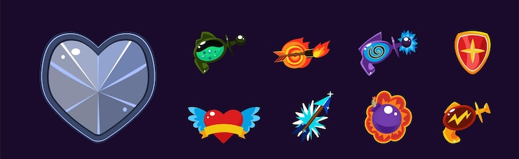Vector activos del juego móvil con bomba de flecha de corazón y conjunto vectorial de escudo