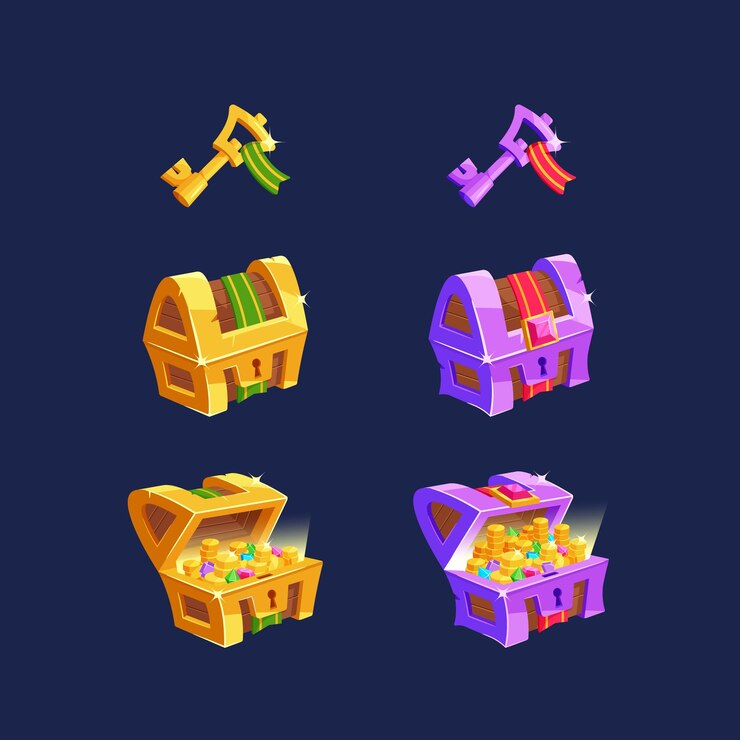 Vector activos del juego que incluyen cofres y llaves de oro y platino. caza del tesoro o juego de resolución de rompecabezas.