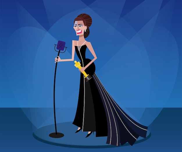 Una actriz dando un discurso de agradecimiento en el escenario, de pie con un elegante vestido de noche a la luz