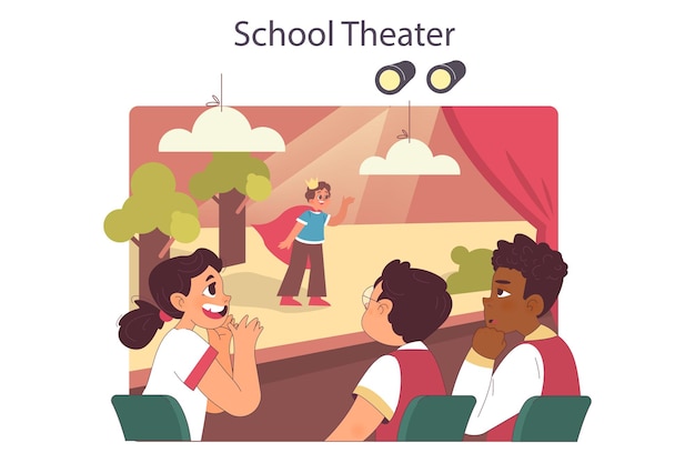 Actuación del club de teatro escolar Niños felices disfrutando del juego juntos