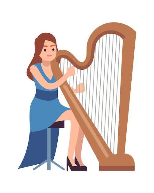 Actuación de mujer arpista. Personaje clásico de música femenina en vestido azul con melodía de arpa, espectáculo de música acústica, concierto sinfónico en ópera o teatro, ilustración aislada de dibujos animados de vector plano