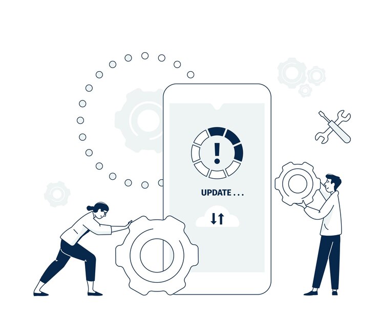 Vector actualización de la aplicación de software móvil actualización del sistema global de teléfonos inteligentes mantenimiento de desarrolladores de tecnología digital instalar aplicación concepto de vector reciente
