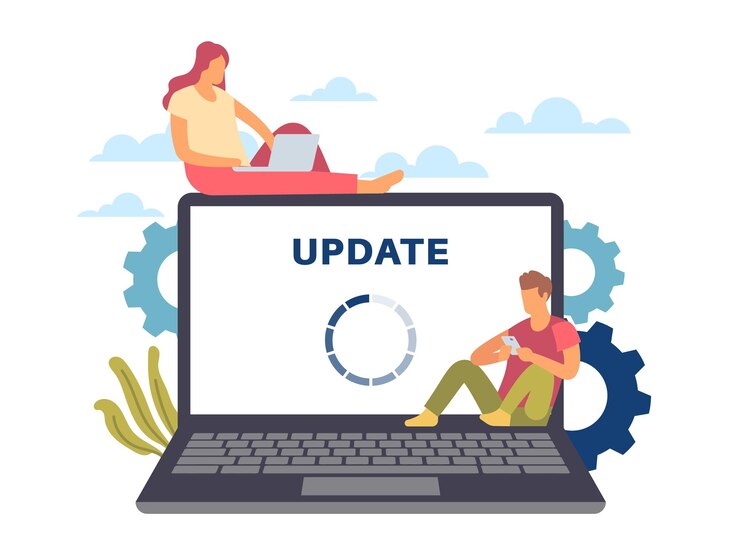 Vector actualizacion del sistema. concepto de proceso de mantenimiento. dibujos animados de hombre y mujer con dispositivos. círculo de carga en la pantalla del portátil. renovación de software y servicios online. descarga de la nueva versión del programa, plantilla web vectorial