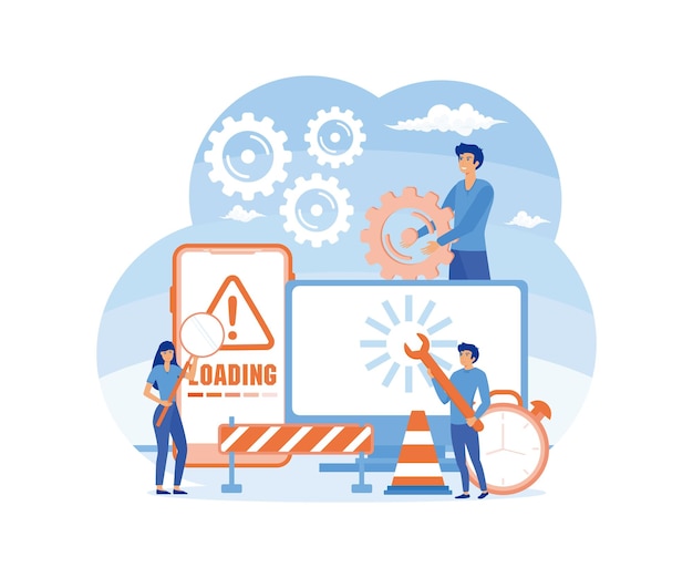 Actualización del sistema Especialistas de TI actualizando programas de software y aplicaciones Error técnico y servicio Pantalla de teléfono de computadora con actualización barra de progreso Ilustración moderna de vector plano