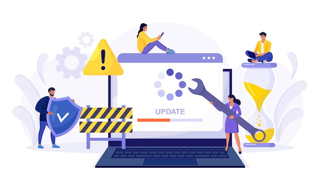 Vector actualizacion del sistema. pequeños programadores actualizando el sistema operativo. especialistas en informática que actualizan software, programas y aplicaciones. error técnico y servicio. pantalla de computadora portátil con barra de progreso de actualización.