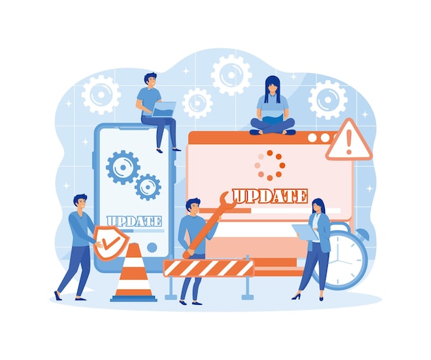 Actualización del sistema Pequeños programadores actualizando el sistema operativo Especialistas en TI actualizando programas de software y aplicaciones Ilustración moderna de vector plano