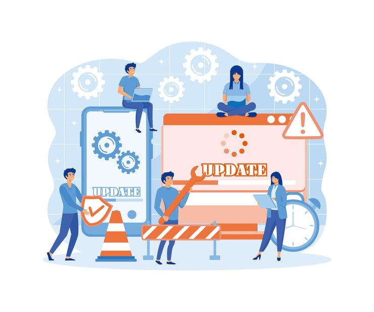 Vector actualización del sistema pequeños programadores actualizando el sistema operativo especialistas en ti actualizando programas de software y aplicaciones ilustración moderna de vector plano