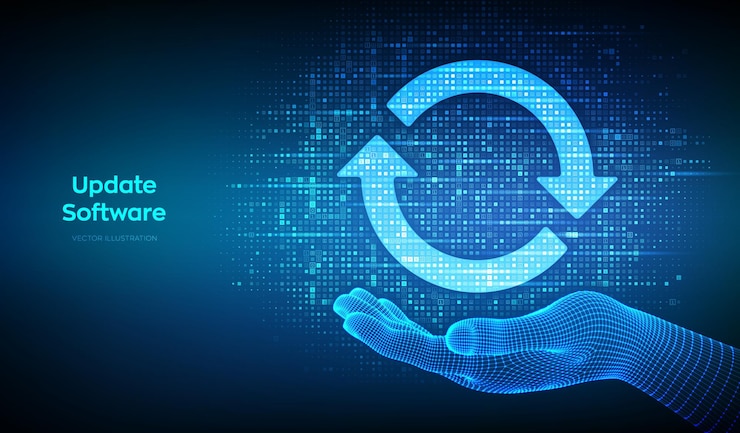Vector actualización de software actualizar la versión del programa de la computadora iconos de sincronización hechos con código binario en la mano