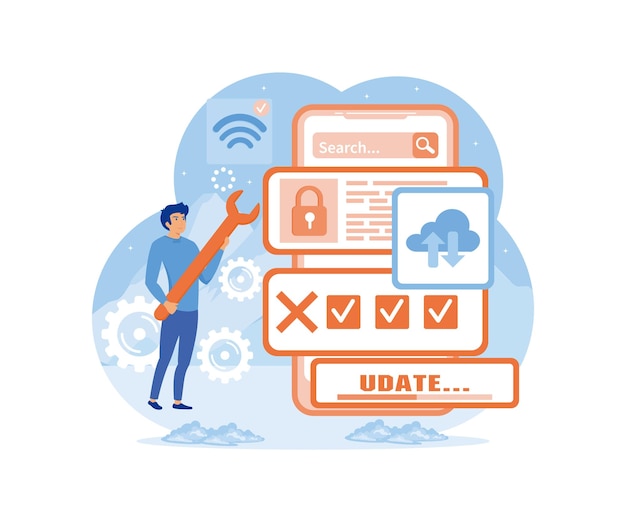 Actualización de software Mantenimiento del sistema Proceso de actualización Instalación de software Concepto del sistema operativo Vector plano Ilustración moderna