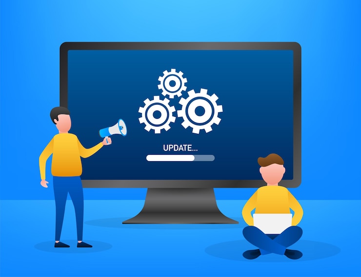 Vector actualización del software del sistema, actualización de datos o sincronización con la barra de progreso en la pantalla. ilustración de vector.