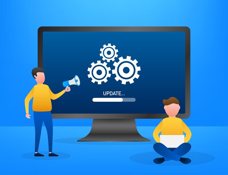 Vector actualización del software del sistema, actualización de datos o sincronización con la barra de progreso en la pantalla. ilustración de vector.