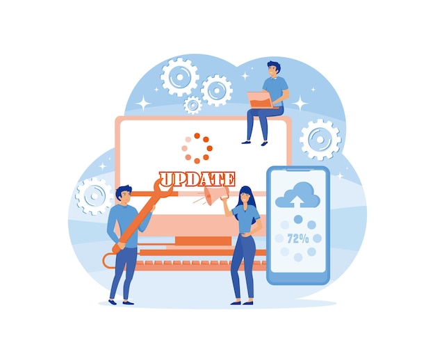 Actualizaciones del sistema con personas que actualizan la operación en programas de computación e instalación ilustración moderna de vector plano