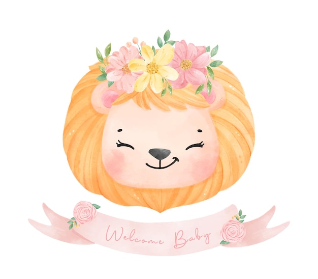 Vector acuarela animal bebé león con corona de ramo floral con pancarta rosa dulce vivero arte ilustración vector
