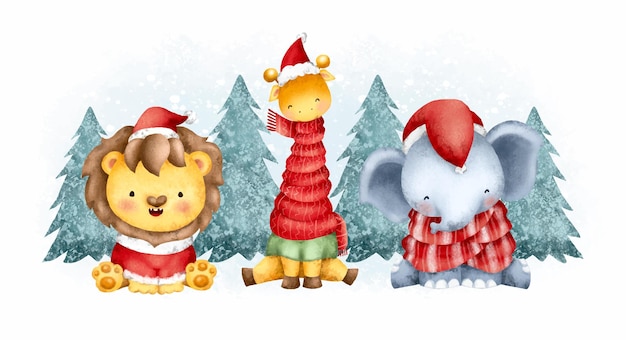 Acuarela animal Safari y árbol de Navidad